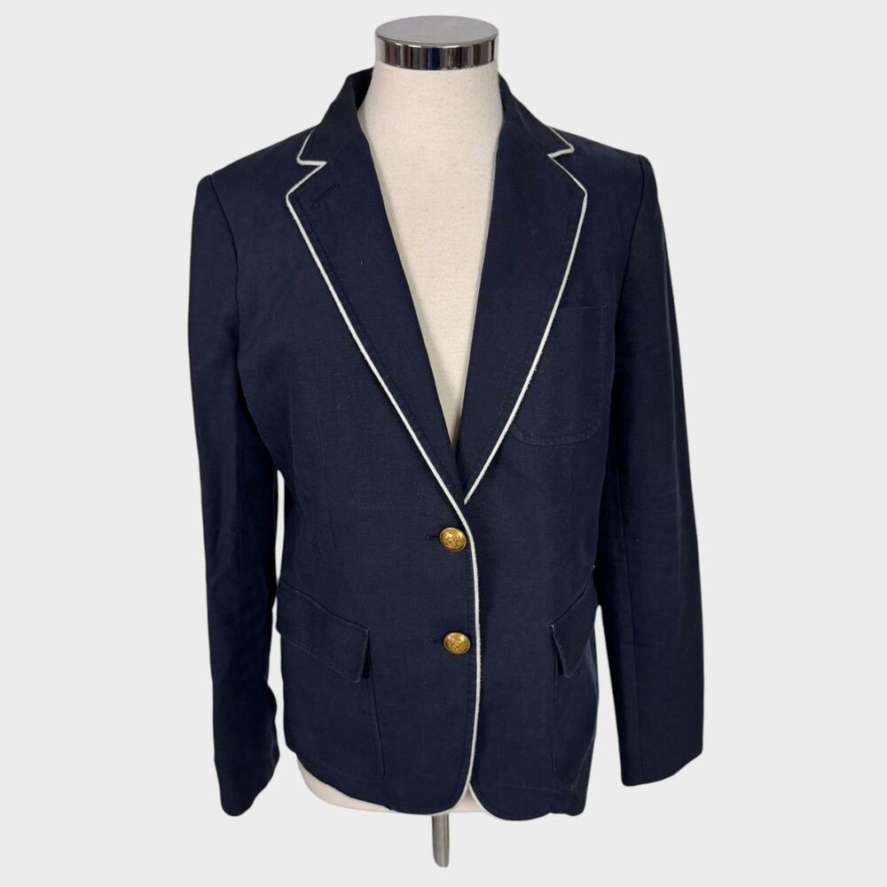 J. Crew Womens Size 10 Navy Blue 100% Linen 2 Button Jacket Blazer